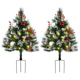 HOMCOM 2ft 2-Pack Outdoor Entryway Pre-Lit Artificial Christmas Tree Cordless with 70 Branches, LED lights, Red Berries, Pine Cones & Balls, Gree