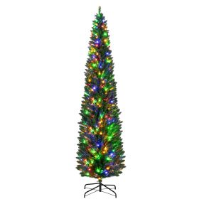 HOMCOM 8' Artificial Pencil Christmas Trees Holiday Decoration with Colorful LED Lights, Steel Base, Skinny Shape