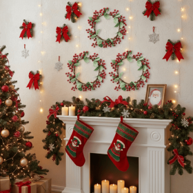 3PCS Set Christmas Door Wreath with Pine Cones & Greenery 13" Red Berry Holly Wreath for Holiday Home Decor FBA shipment