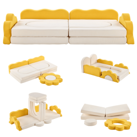 12-Piece Modular Kids Sofa Set All-Sponge Construction Yellow & White Colorblock Corduroy | Free Combination Design