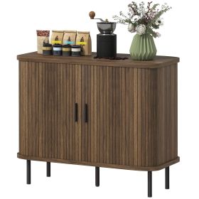 HOMCOM 35.4" Sideboard Buffet Cabinet with Storage, Nordic Coffee Bar Cabinet with Slatted Tambour Doors and Metal Legs, Walnut
