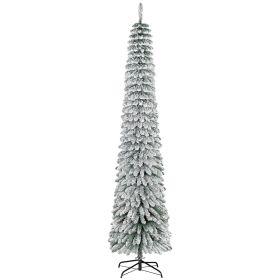 HOMCOM 8' Tall Unlit Slim Pencil Xmas Tree, Snow Flocked Artificial Christmas Tree with Realistic Branches and 603 Tips, Green