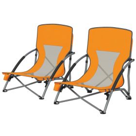 Set Of 2 Folding Beach Chairs With Mesh Back, Carry Bag And Cup Holder For Outdoor Camping Lawn Sports Picnic Orange (Color: Orange)