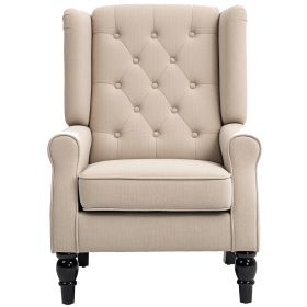 Wingback Accent Chair For Living Room, Button-Tufted Lounge Chair With Round Armrests And Wood Legs, Beige (Color: BEIGE)