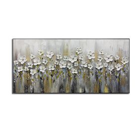 Handmade Gold Foil Abstract Oil Painting  Wall Art Modern Minimalist White Flowers Canvas Home Decorative For Living Room No Frame (size: 40x80cm)