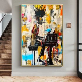 Jazz Musician Contemporary Graffiti Figure Wall Art Canvas Modern Decor Hand Painted Oil Painting Extra Large Ready to Hang Trendy Urban Painting (Style: 01, size: 90x130cm)