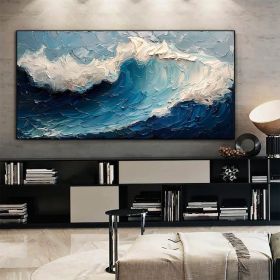 Original Blue Ocean Painting on Canvas Large Abstract Textured Sea Waves Seascape Fashion Living Room Home Decor Wall Art Personalized Gift (Style: 01, size: 40x80cm)