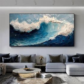Original Blue Ocean Painting on Canvas Large Abstract Textured Sea Waves Seascape Fashion Living Room Home Decor Wall Art Personalized Gift (Style: 01, size: 60x120cm)