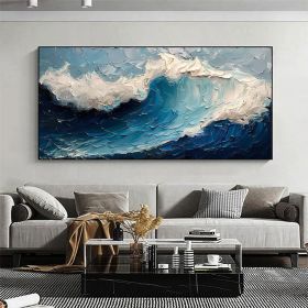 Original Blue Ocean Painting on Canvas Large Abstract Textured Sea Waves Seascape Fashion Living Room Home Decor Wall Art Personalized Gift (Style: 01, size: 80x160cm)