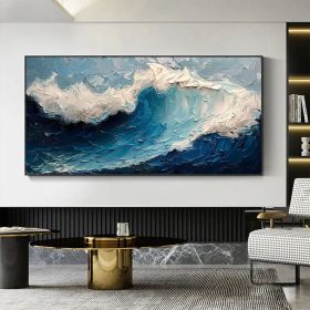 Original Blue Ocean Painting on Canvas Large Abstract Textured Sea Waves Seascape Fashion Living Room Home Decor Wall Art Personalized Gift (Style: 01, size: 120x240cm)