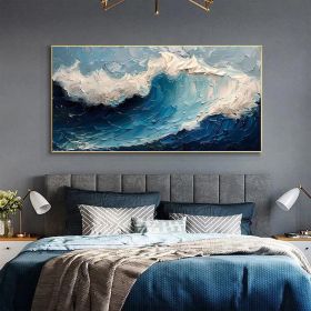 Original Blue Ocean Painting on Canvas Large Abstract Textured Sea Waves Seascape Fashion Living Room Home Decor Wall Art Personalized Gift (Style: 01, size: 140x280cm)