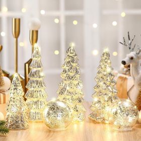 6 Pcs Mercury Glass Christmas Tree for Tabletop Light up Figurine Christmas Tree Mercury Cracked Glass Globe with Light for Xmas Decor Home Party (Color: Silver)