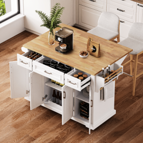 54 inch Large Kitchen Island with Rubber Wood Drop Leaf, Embossed Texture Rolling Kitchen Cart on 4 Wheels with 4 Doors and 3 Drawers (Color: White, Material: MDF,Rubber Wood)
