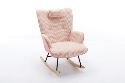 35.5 inch Rocking Chair, Soft Houndstooth Fabric Leather Fabric Rocking Chair for Nursery (Color: PINK, Material: Cotton Linen)