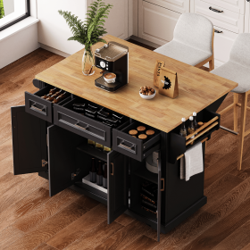 54 inch Large Kitchen Island with Rubber Wood Drop Leaf, Embossed Texture Rolling Kitchen Cart on 4 Wheels with 4 Doors and 3 Drawers (Color: Black, Material: MDF,Rubber Wood)