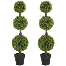 Set Of 2 Artificial Ball Boxwood Topiary Trees, Fake Plants In Pots For Indoor Outdoor Living Room, Green (Color: GREEN)