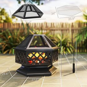28 Outdoor Fire Pit With Grill Hexagon Fireplace Wood Burning Firepit With Cooking Grate, Fire Poker,  Screen Lid (Color: Black)
